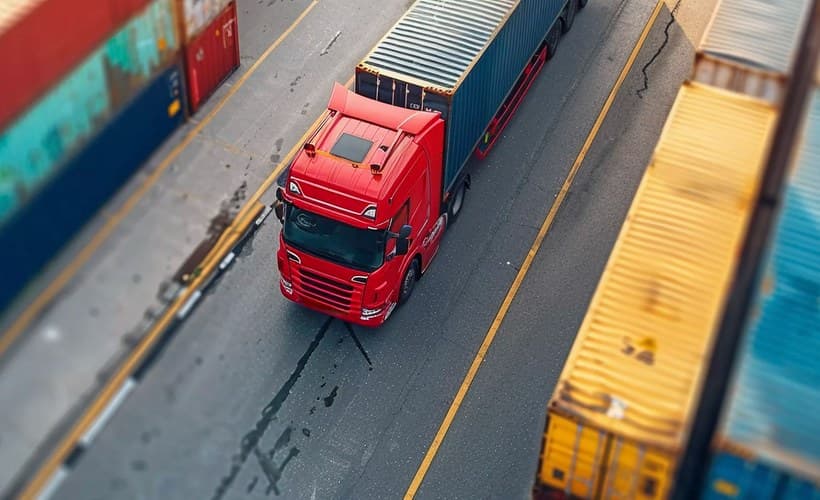 Freight truck moving between stacked shipping containers